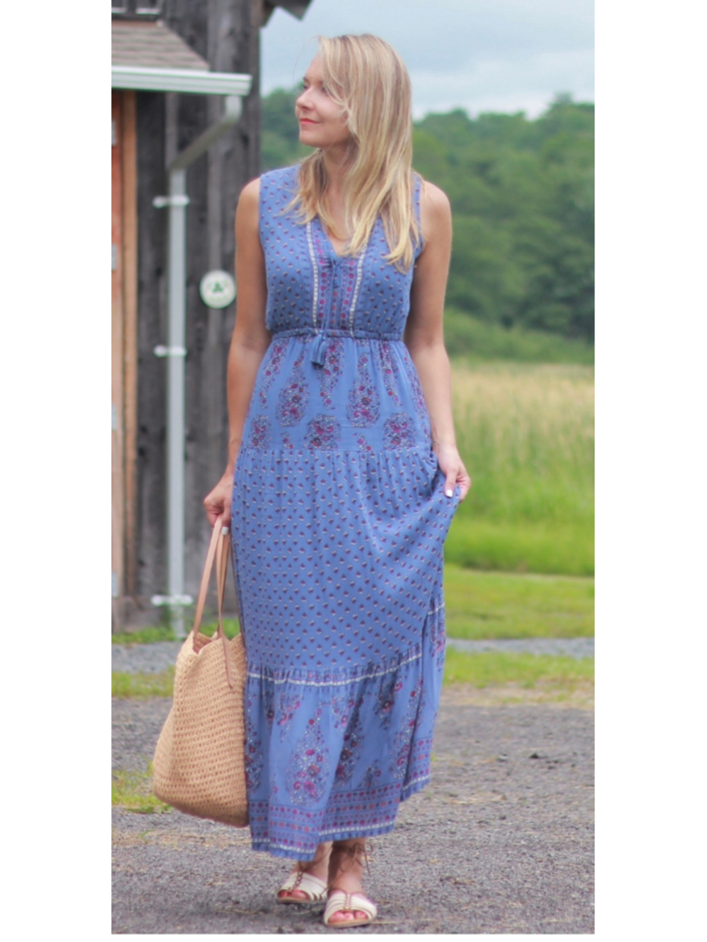 Old Navy Bohemian Maxi Sleeveless  Dress Tiered Floral Paisley Print Blue XL